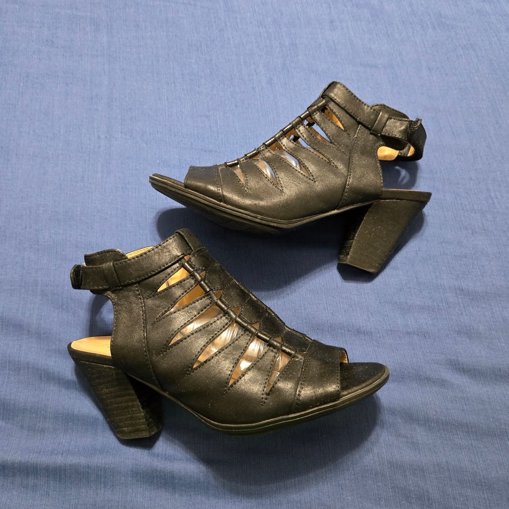Naturalizer Talan Sandals Women 7.5 Black Excellent Cage Block Heel Strappy